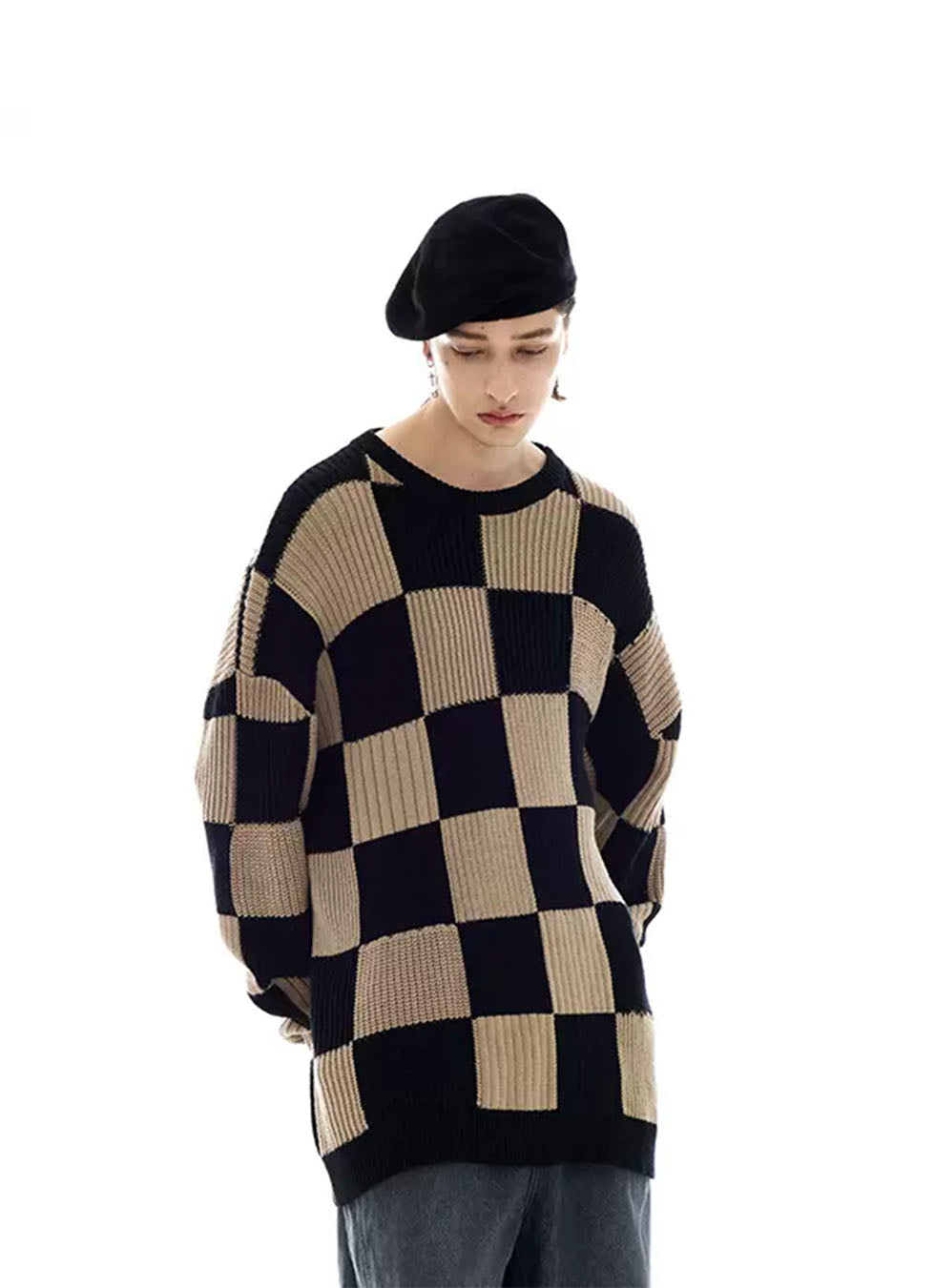 Checkerboard Round Neck Oversized Sweater