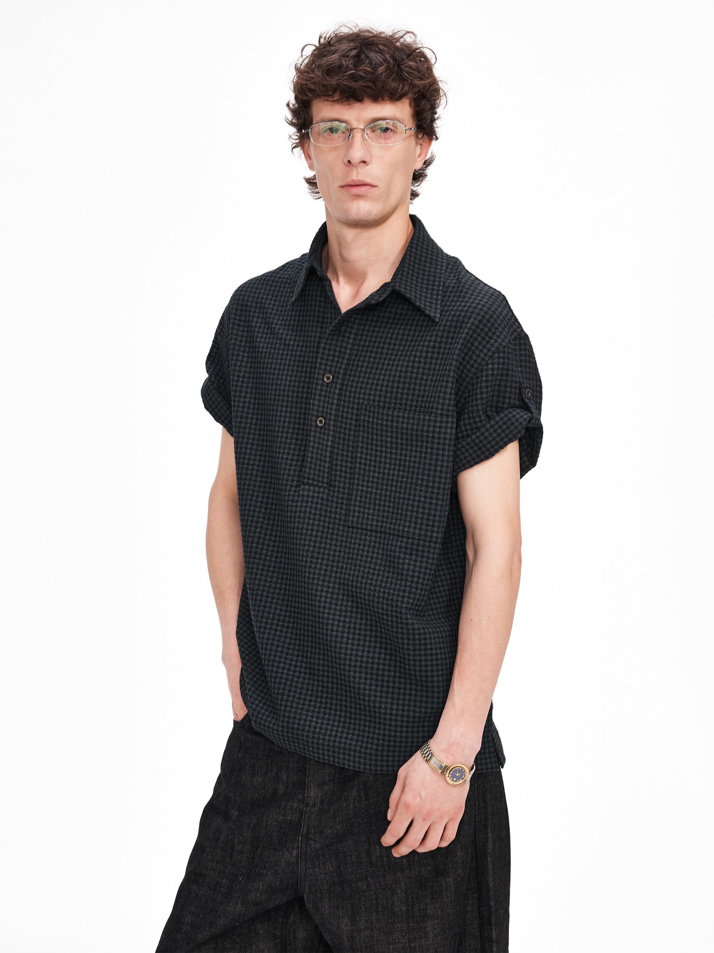 Half-Button Bubble Check Shirt