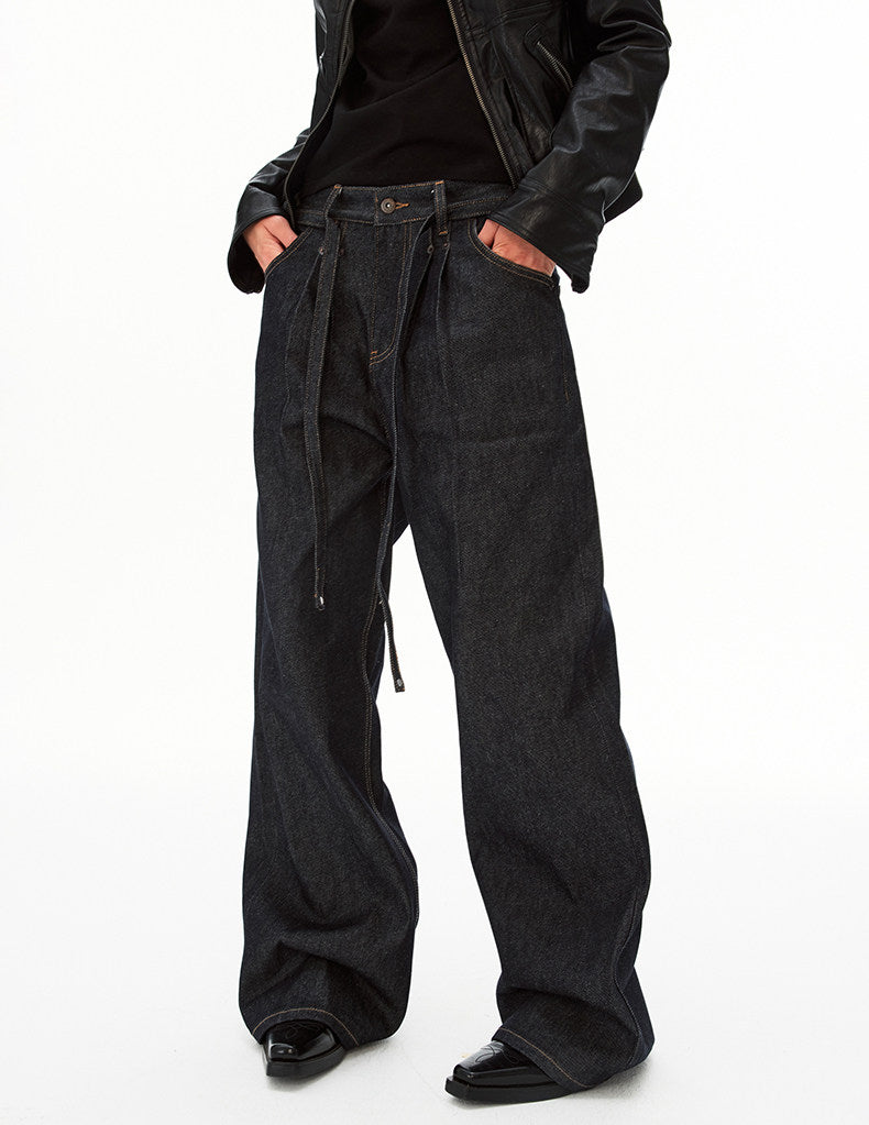 Minimalist Lace-Up Raw Denim Pants