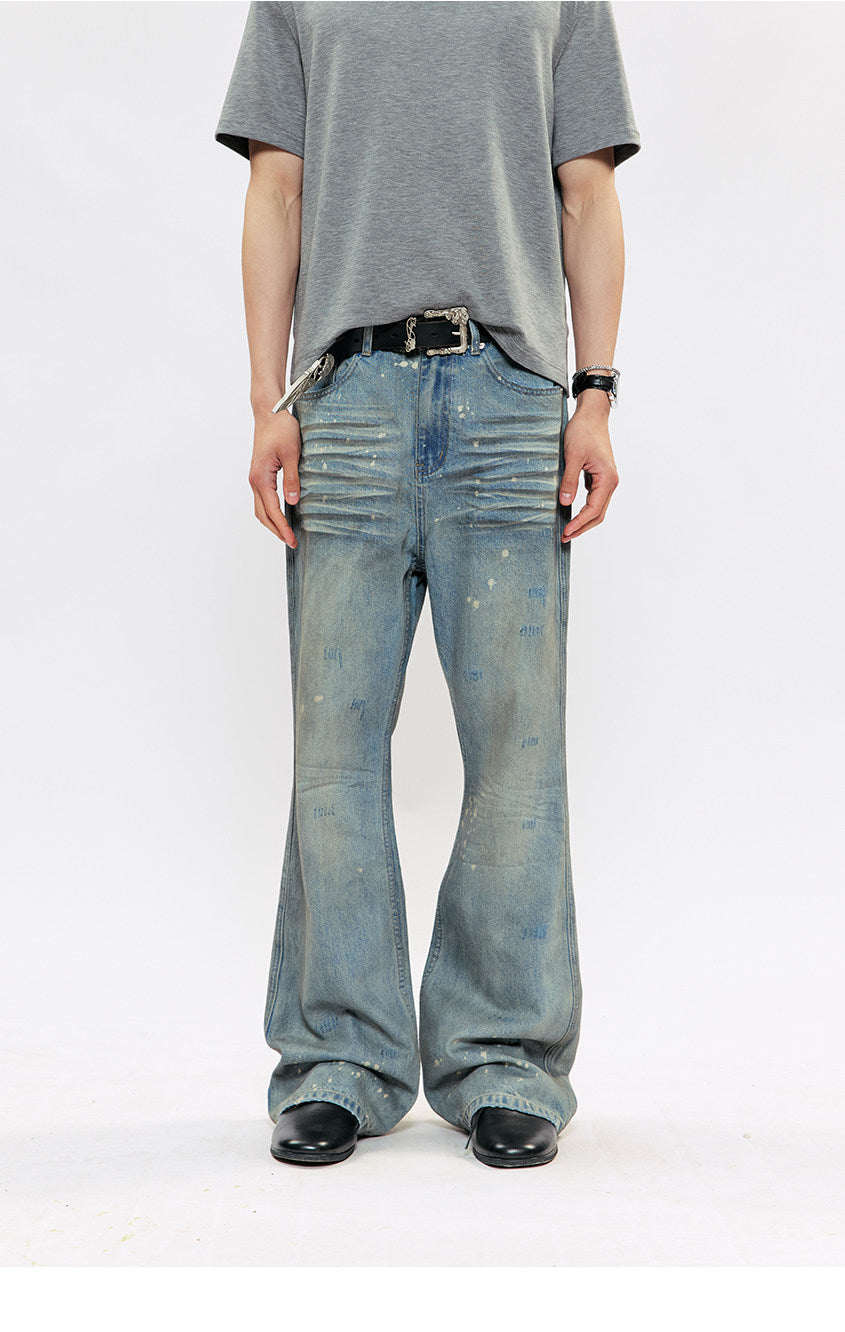 Hand-Painted Splatter-Print Flared Denim Pants