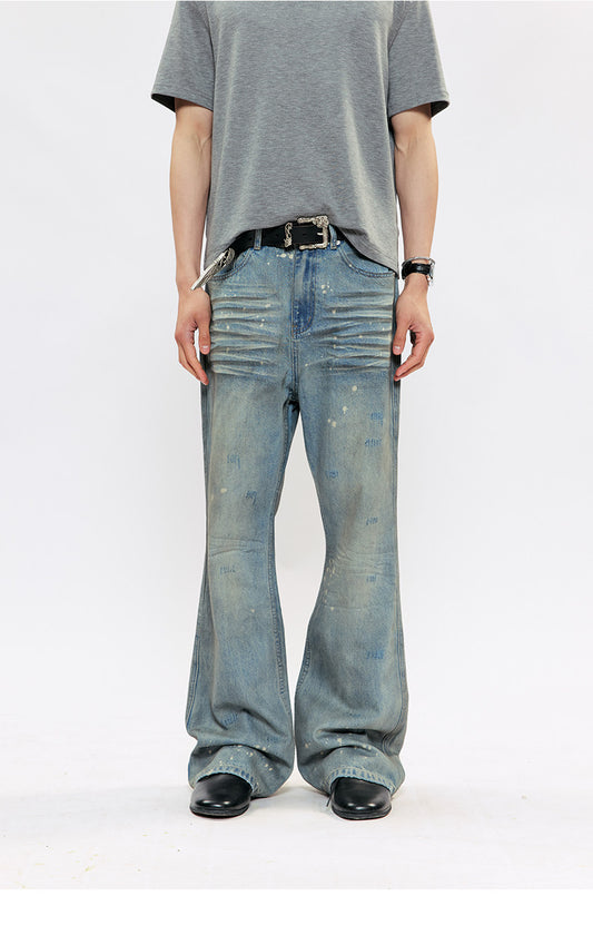Hand-Painted Splatter-Print Flared Denim Pants