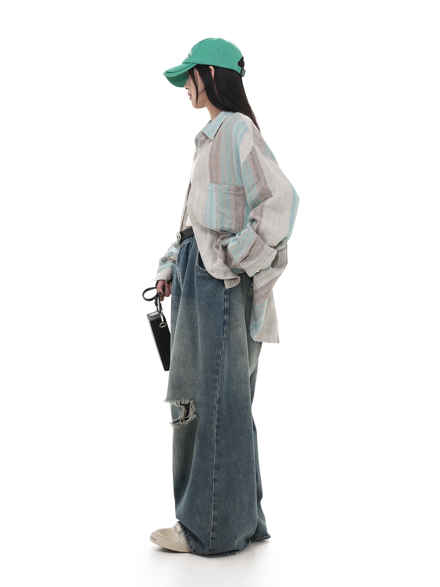 Drawstring Damaged Washed Denim Pants