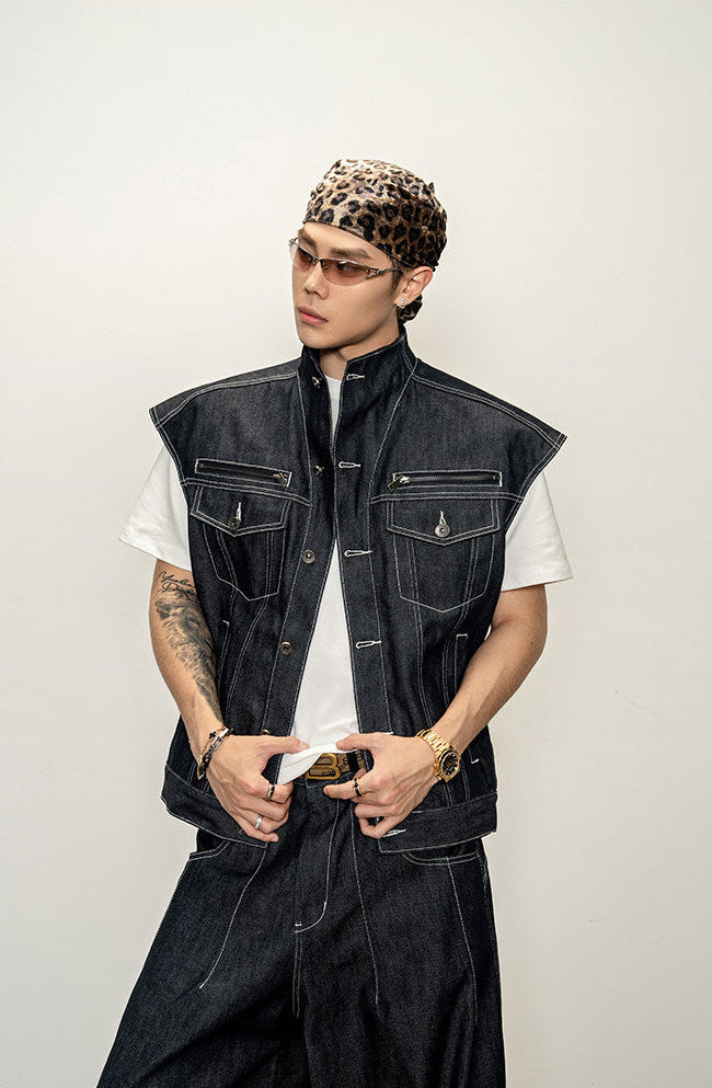 Lined Stand-Up Collar Denim Vest