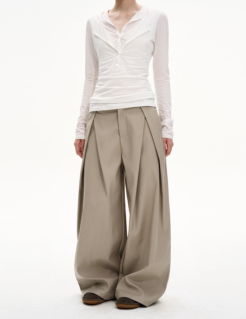 Double-Pleated Relaxed Casual Pants