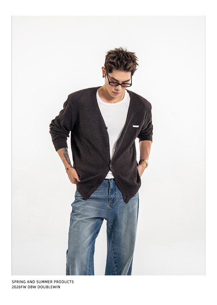 Waffle-Knit Wool V-Neck Knit Cardigan
