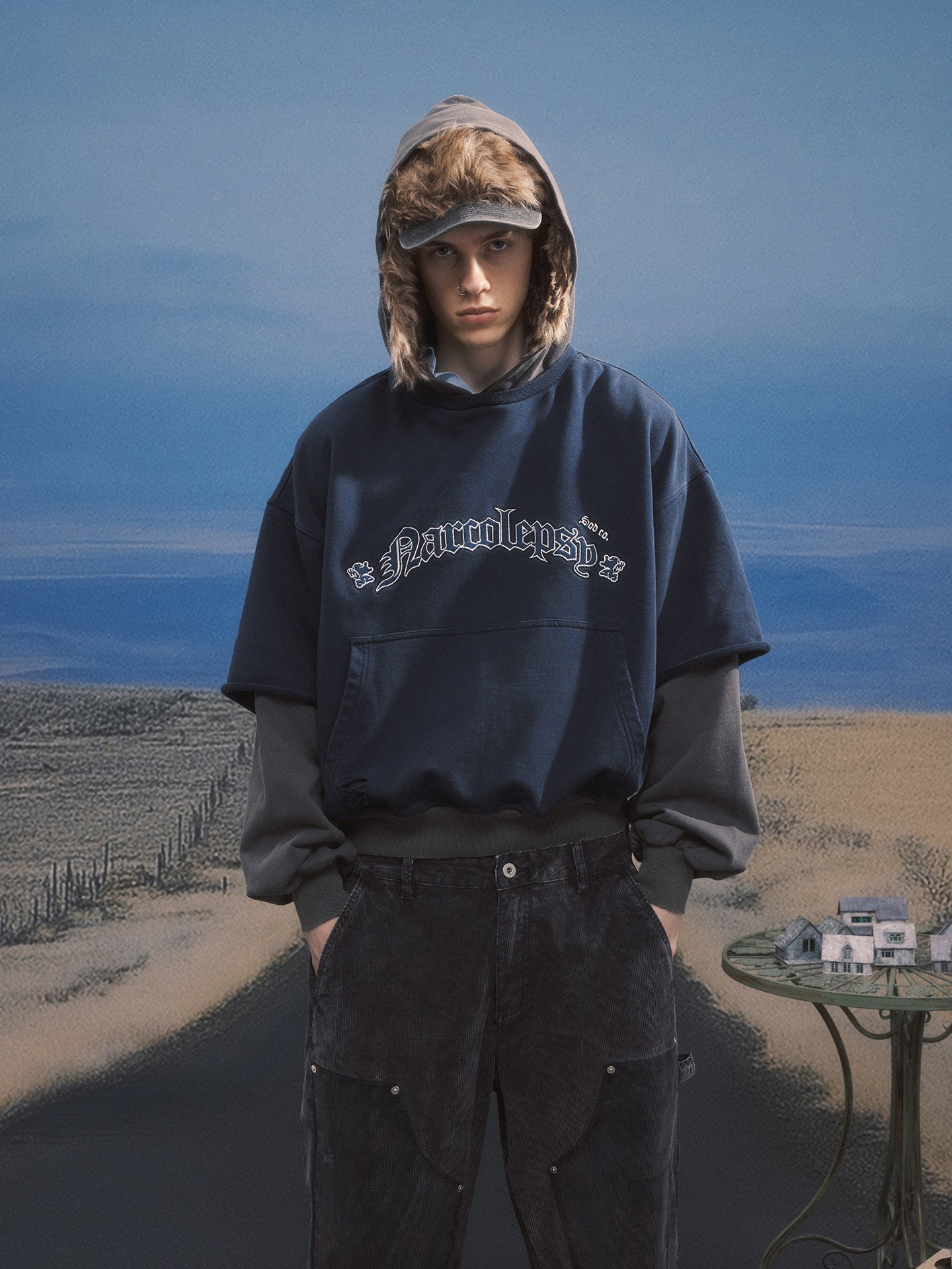 Embroidered Faux Two-Piece Hoodie