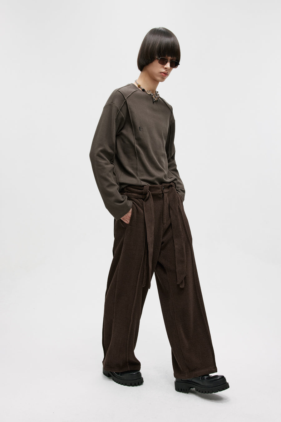 Double Belt Center Seam Wide Pants