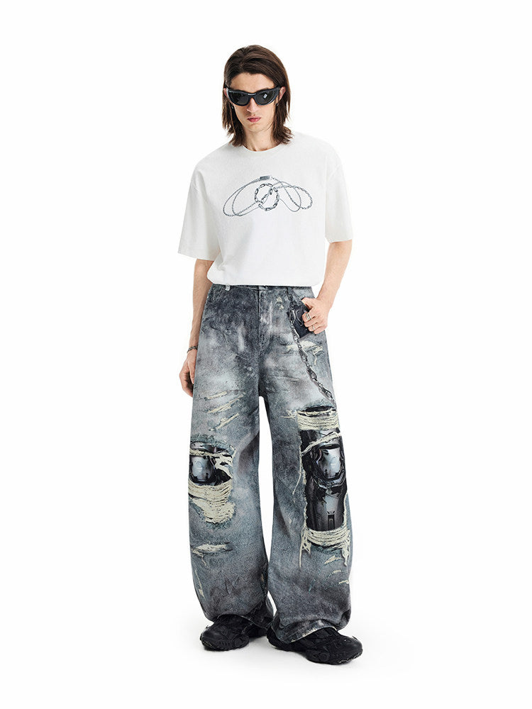 Lipid Print Washed Denim Pants