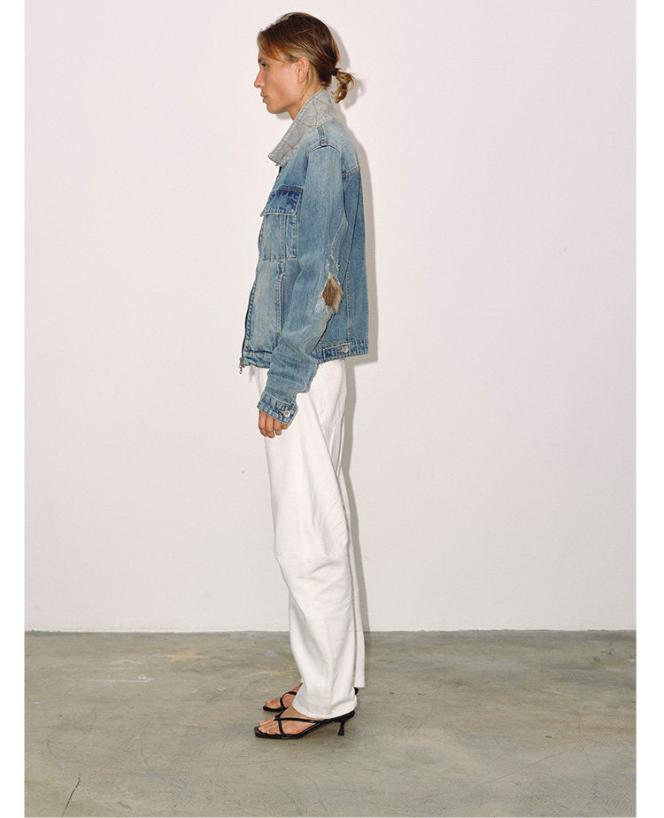 Patchwork Leather Double-Zip Denim Jacket
