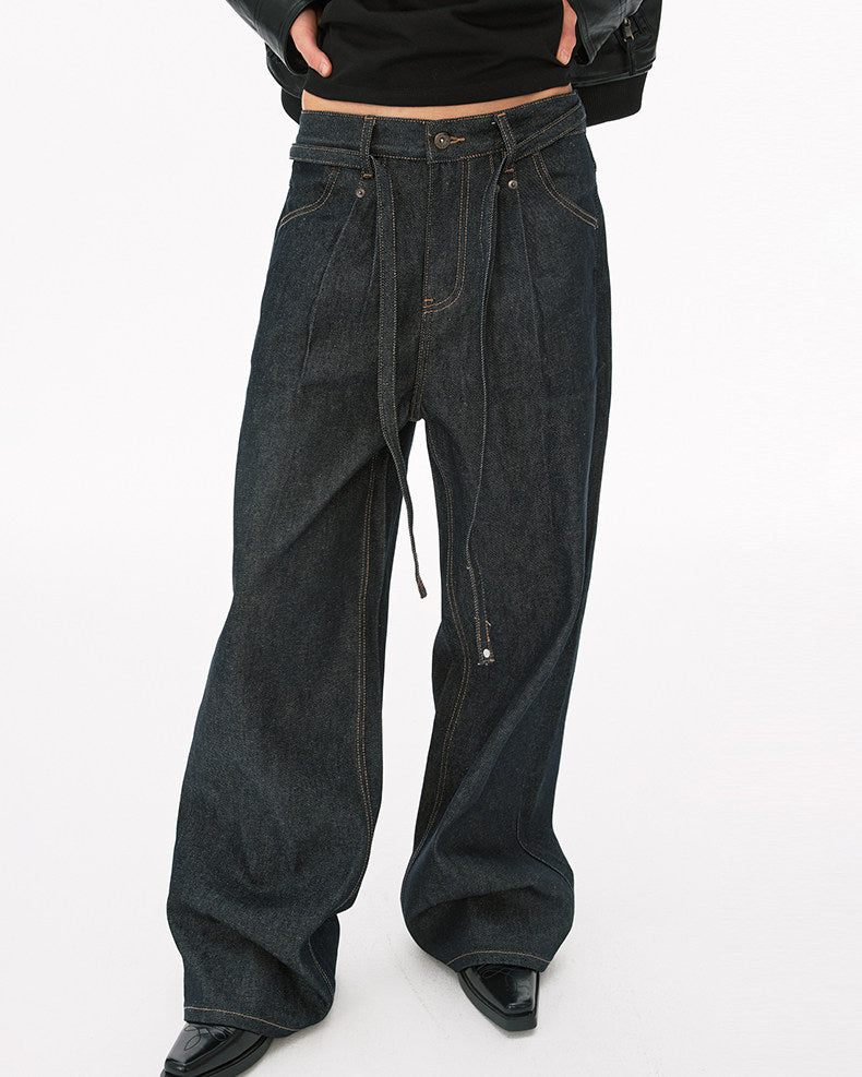 Minimalist Lace-Up Raw Denim Pants