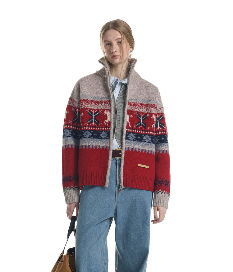 Wool-Blend Pony Jacquard Zip Cardigan