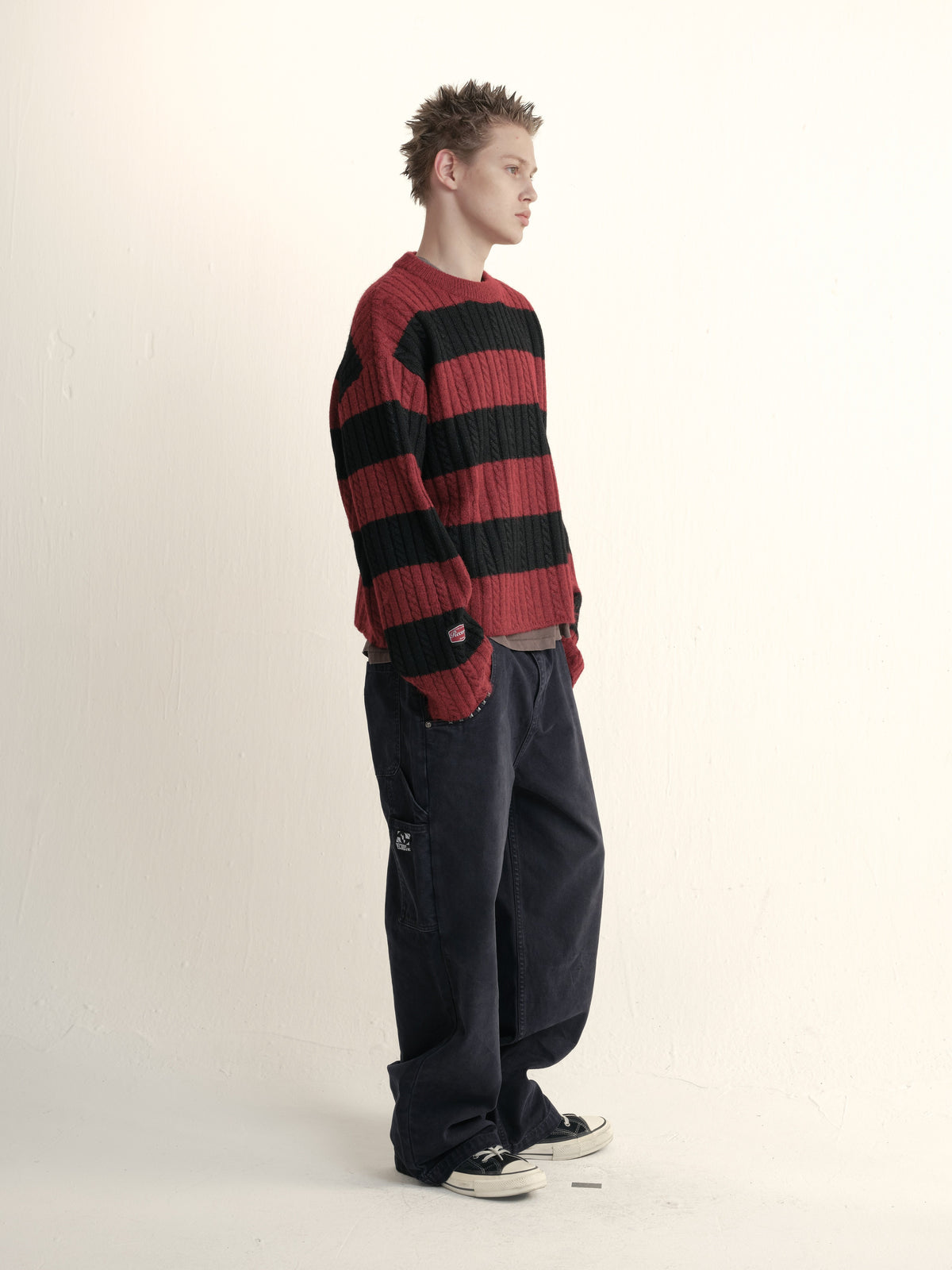 Cable wool striped distressed sweater