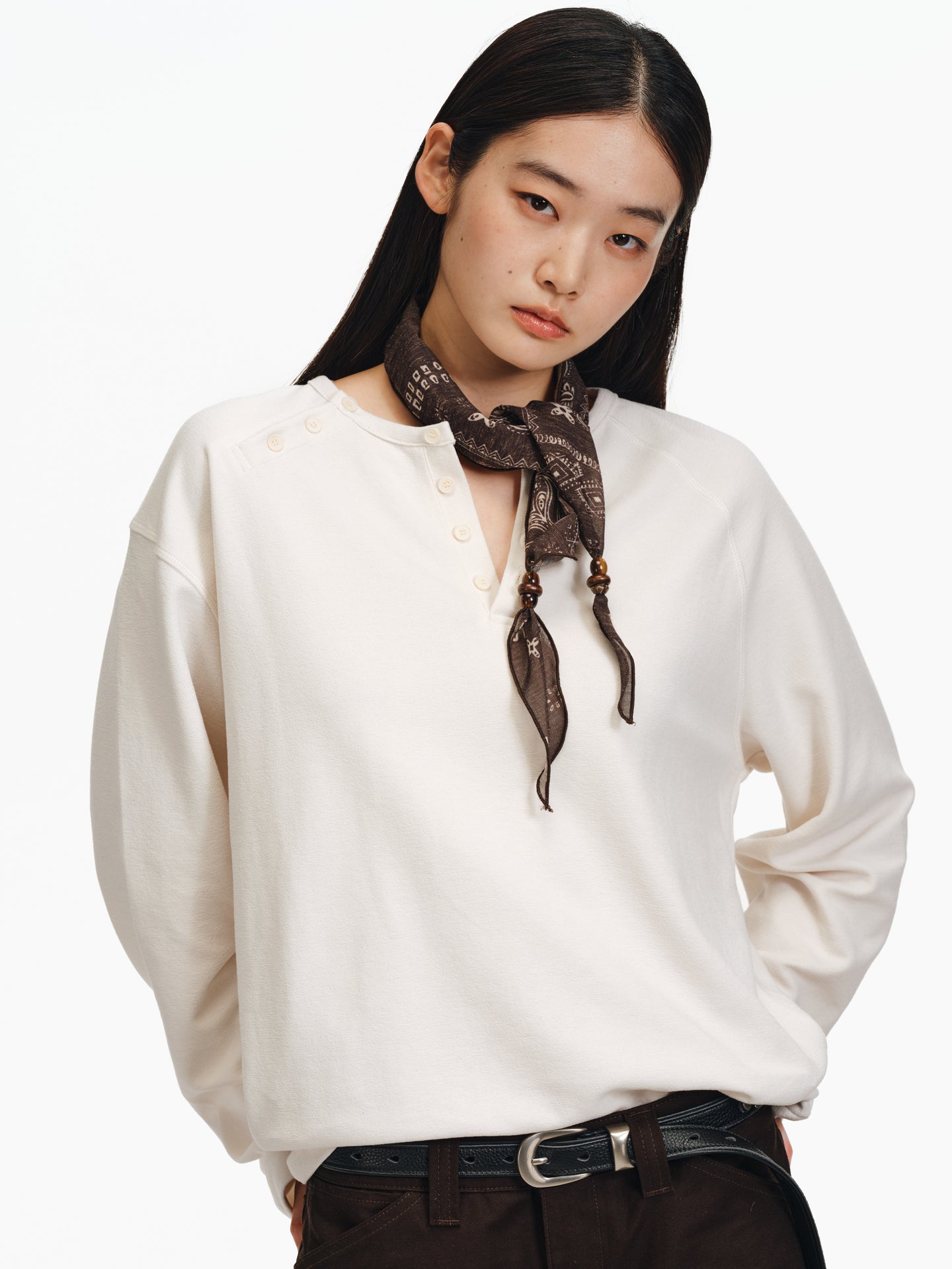 Henry Collar Diagonal Button T-Shirt