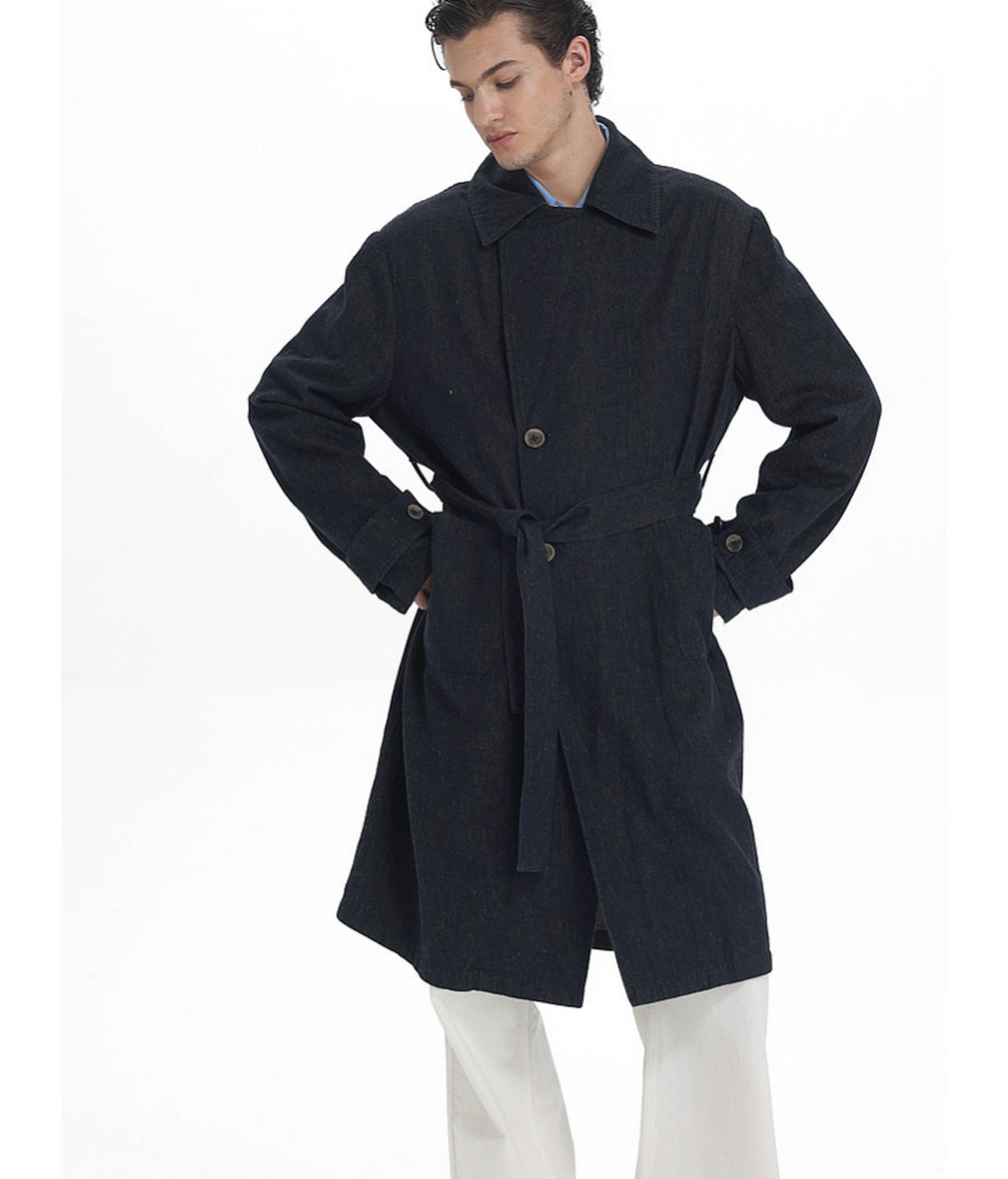 Linen-Blend Denim Trench Coat　