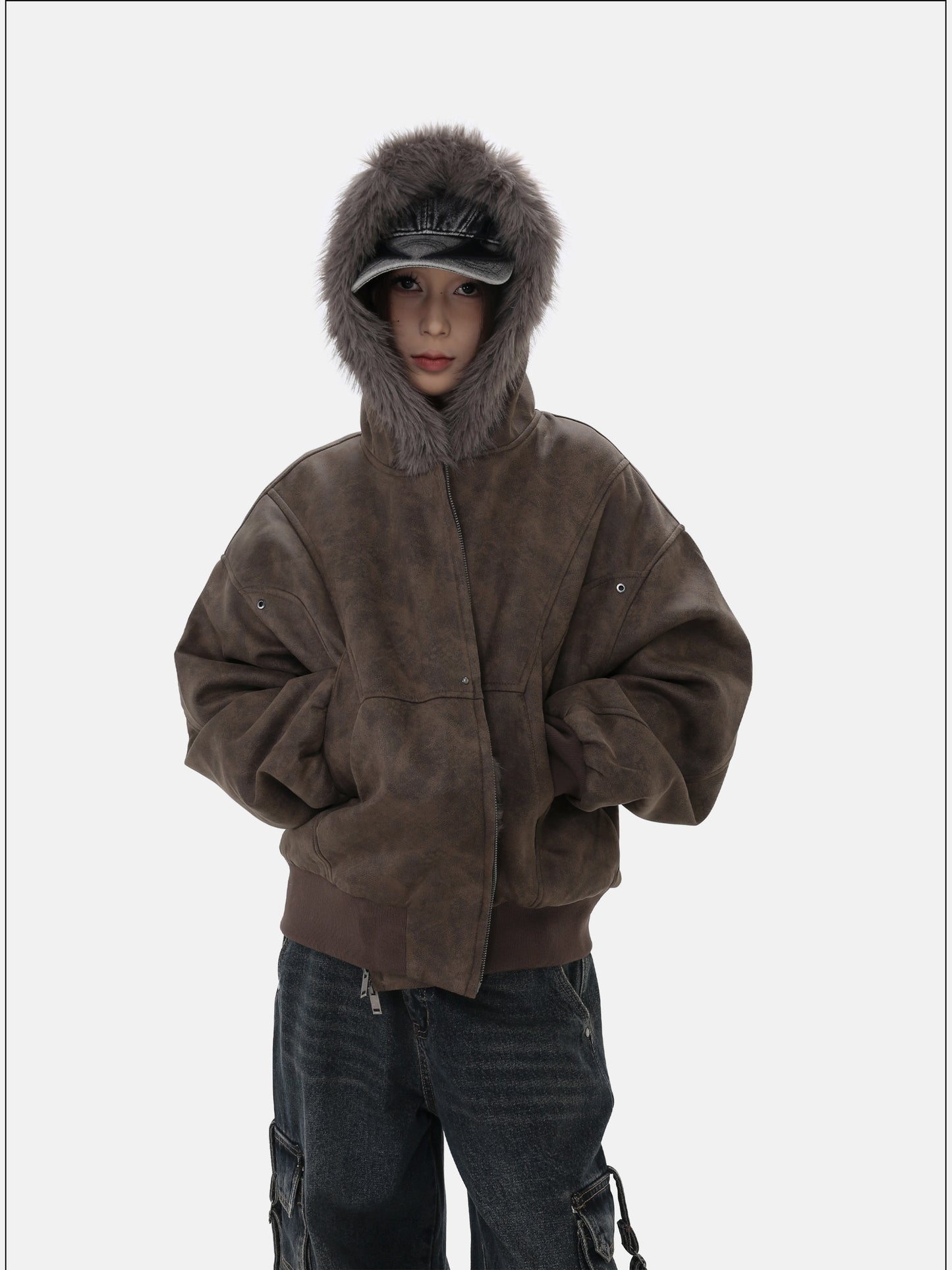 Short jacket with fur lining and hood