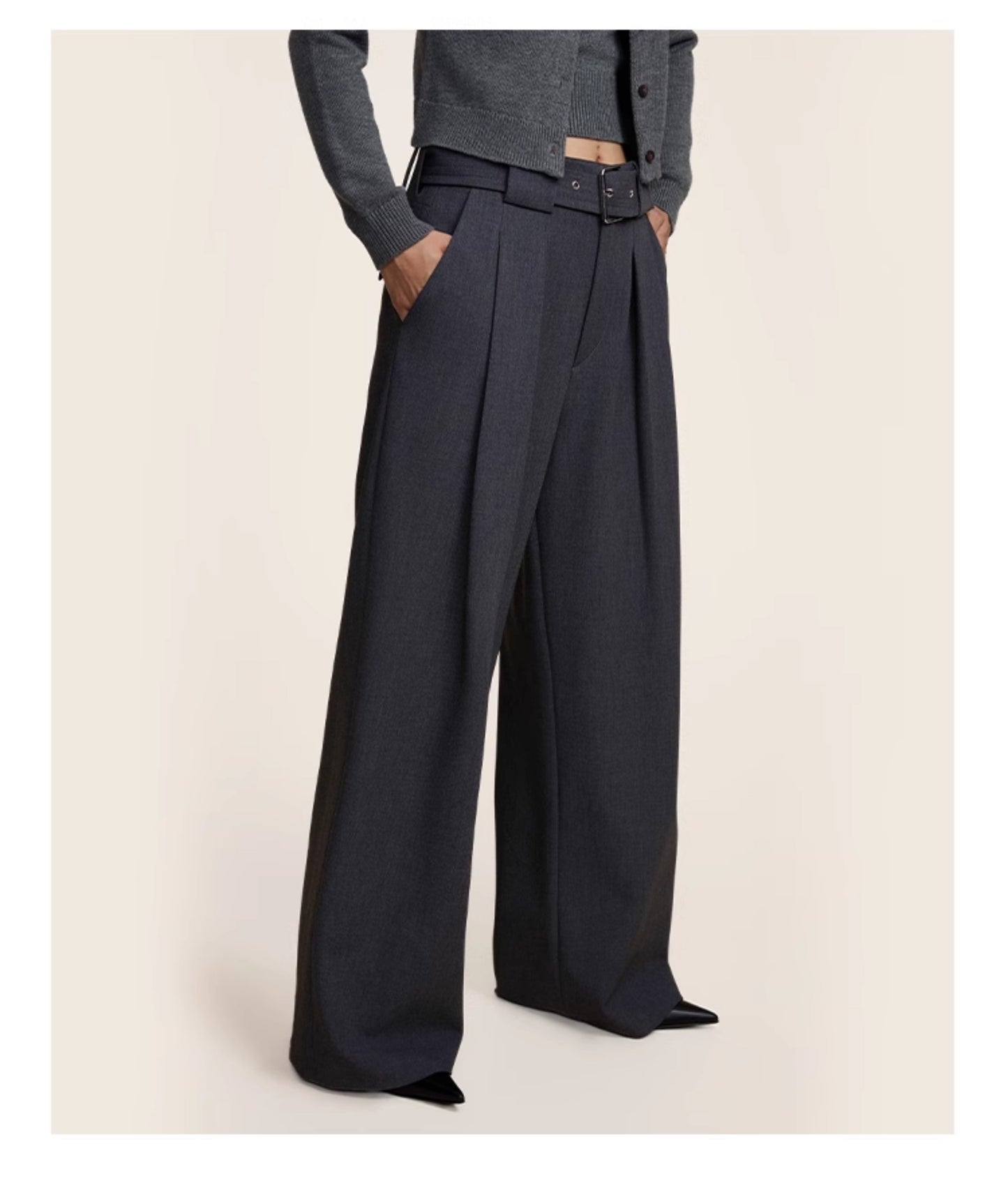 Belt Pleated Loose Straight Casual Pants