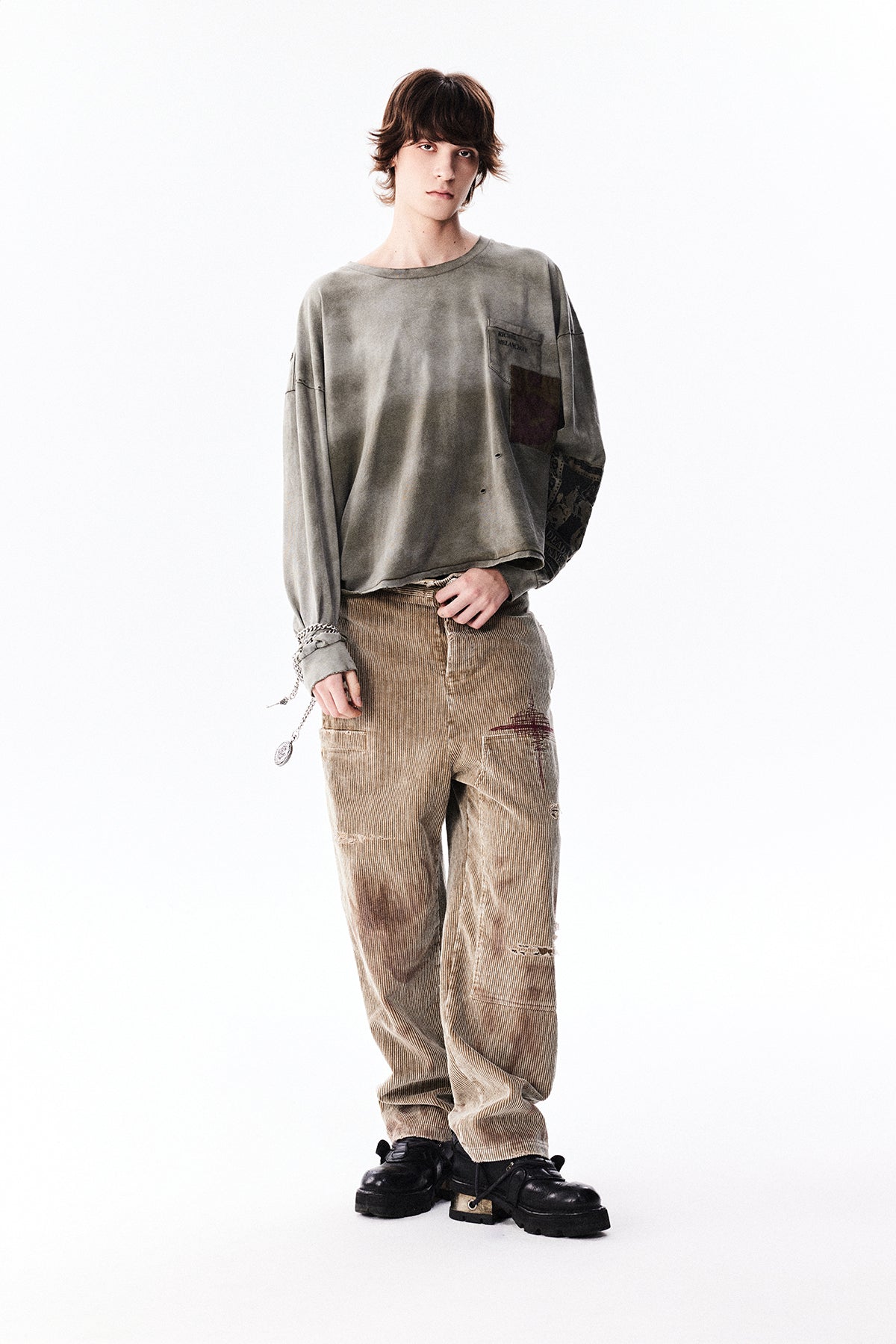 Damaged Embroidery Corduroy Casual Pants