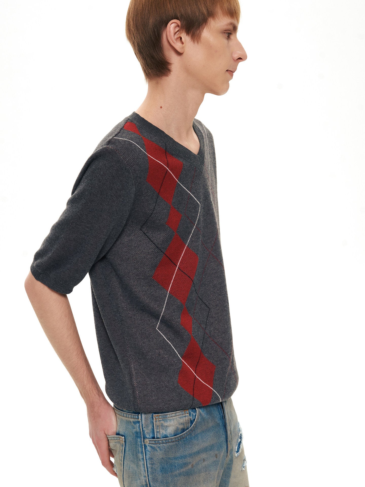 Double-Yarn Patchwork V-Neck Sweater