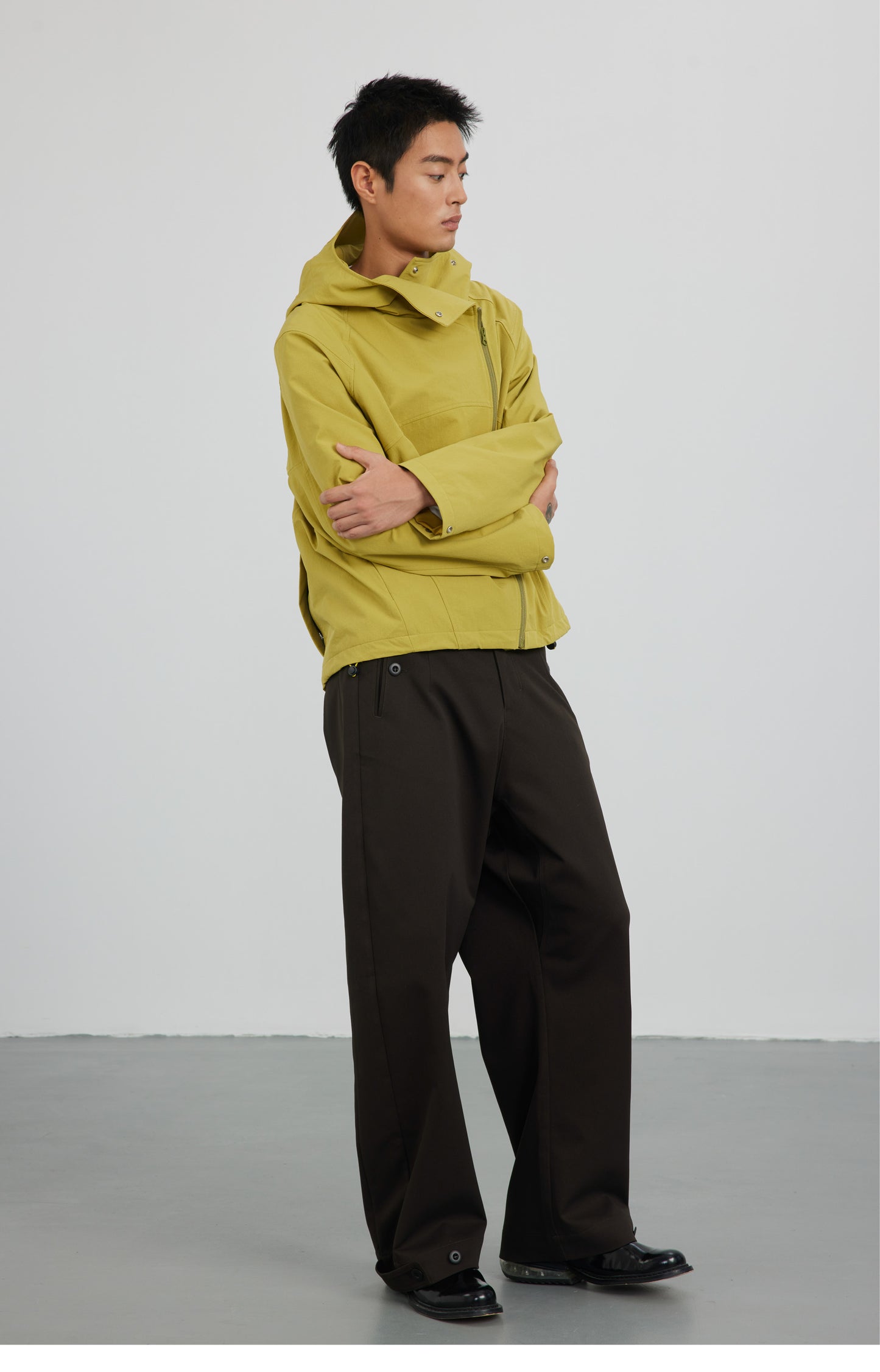 Diagonal Placket High Collar Hooded Jacket