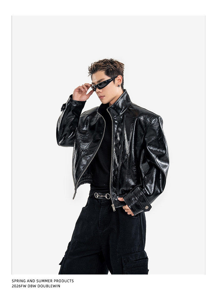 Short Biker Jacket with Stand-Up Collar