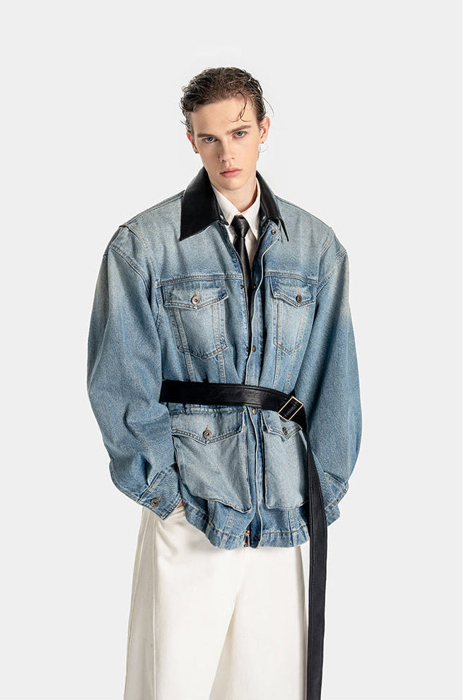 Detachable Leather Collar Denim Jacket