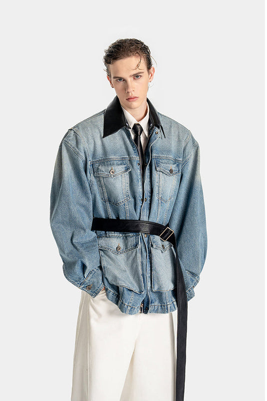 Detachable Leather Collar Denim Jacket