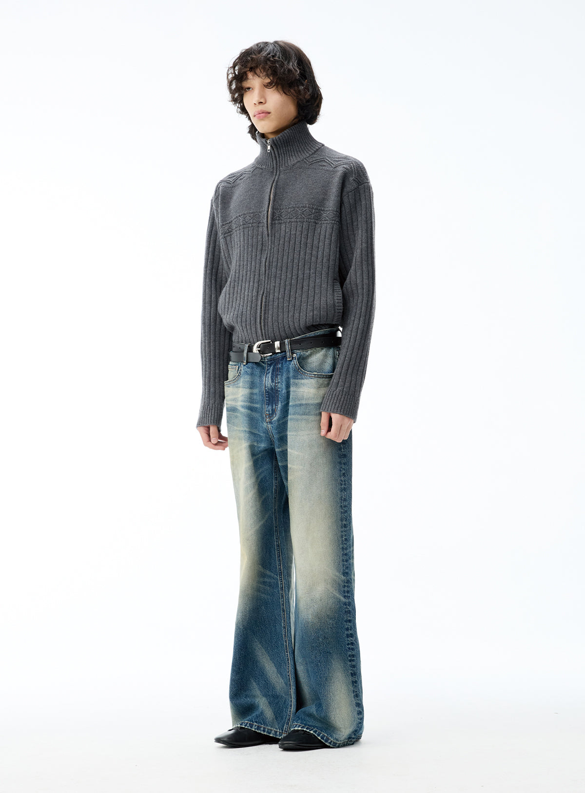 Whisker-washed denim jeans
