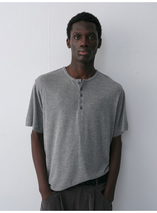 Henley-Neck Drop-Shoulder T-Shirt