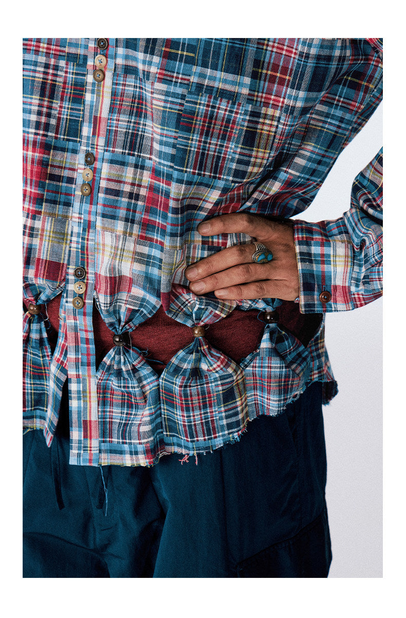 Patchwork Checkered Cut-Out Shirt