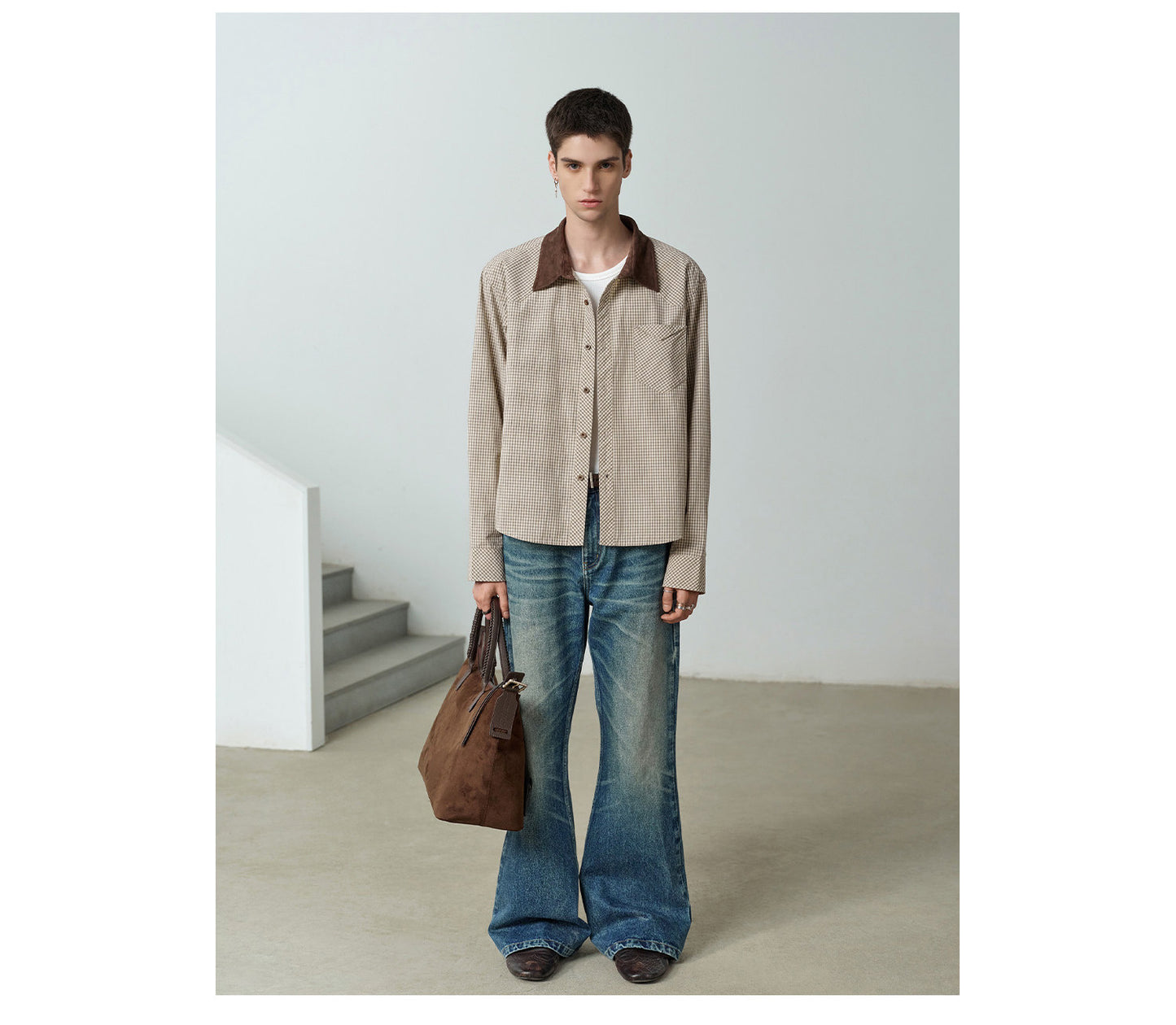 Suede Trim Collar Shirt