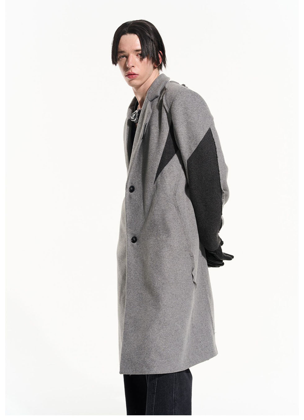 Contrast color stitching mid-length wool coat