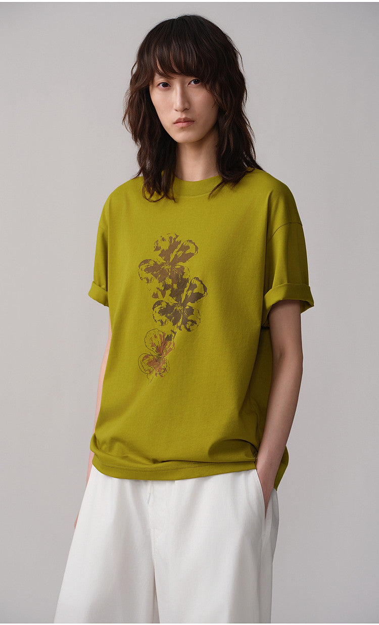 Round-Neck Ribbed Collar Drop-Shoulder T-Shirt