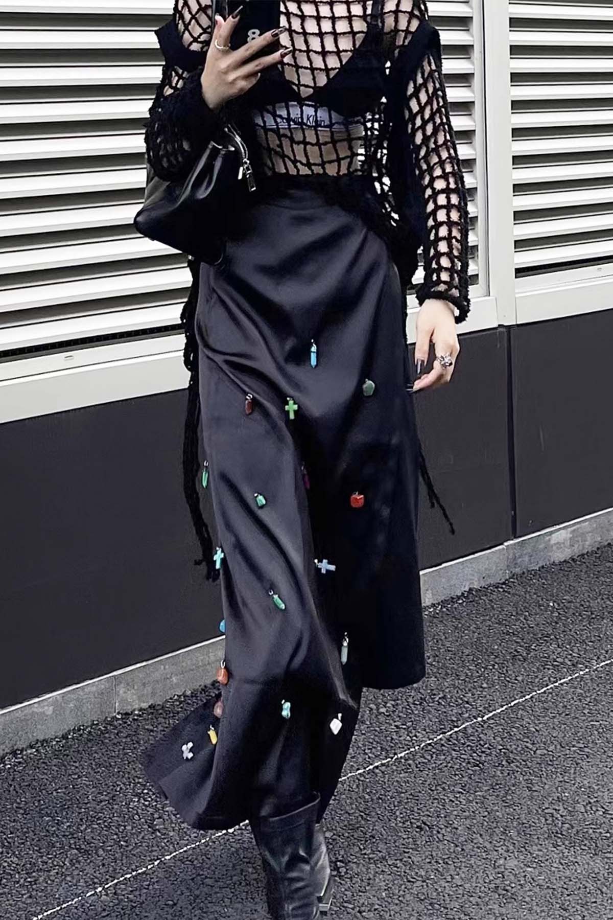 Acetate satin long skirt