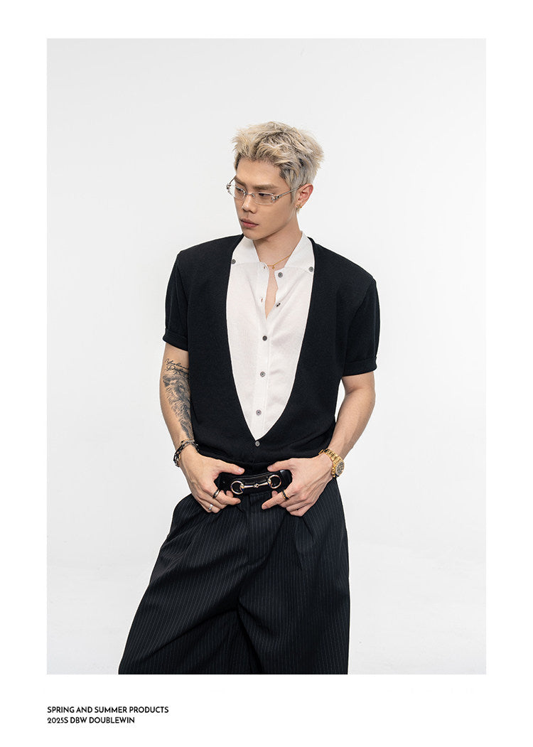 Contrast Fake Two-Piece Knit Shirt