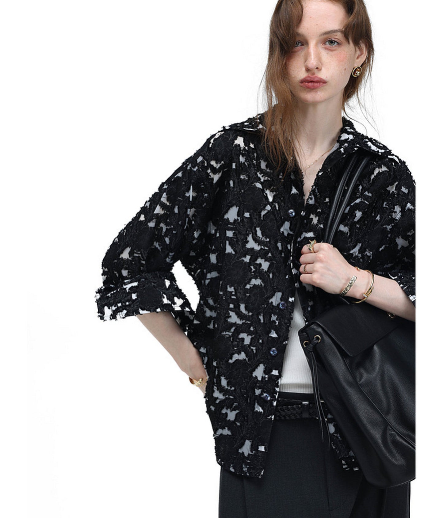 Frayed Edges  Hollow-Weave  Jacquard  Shirt