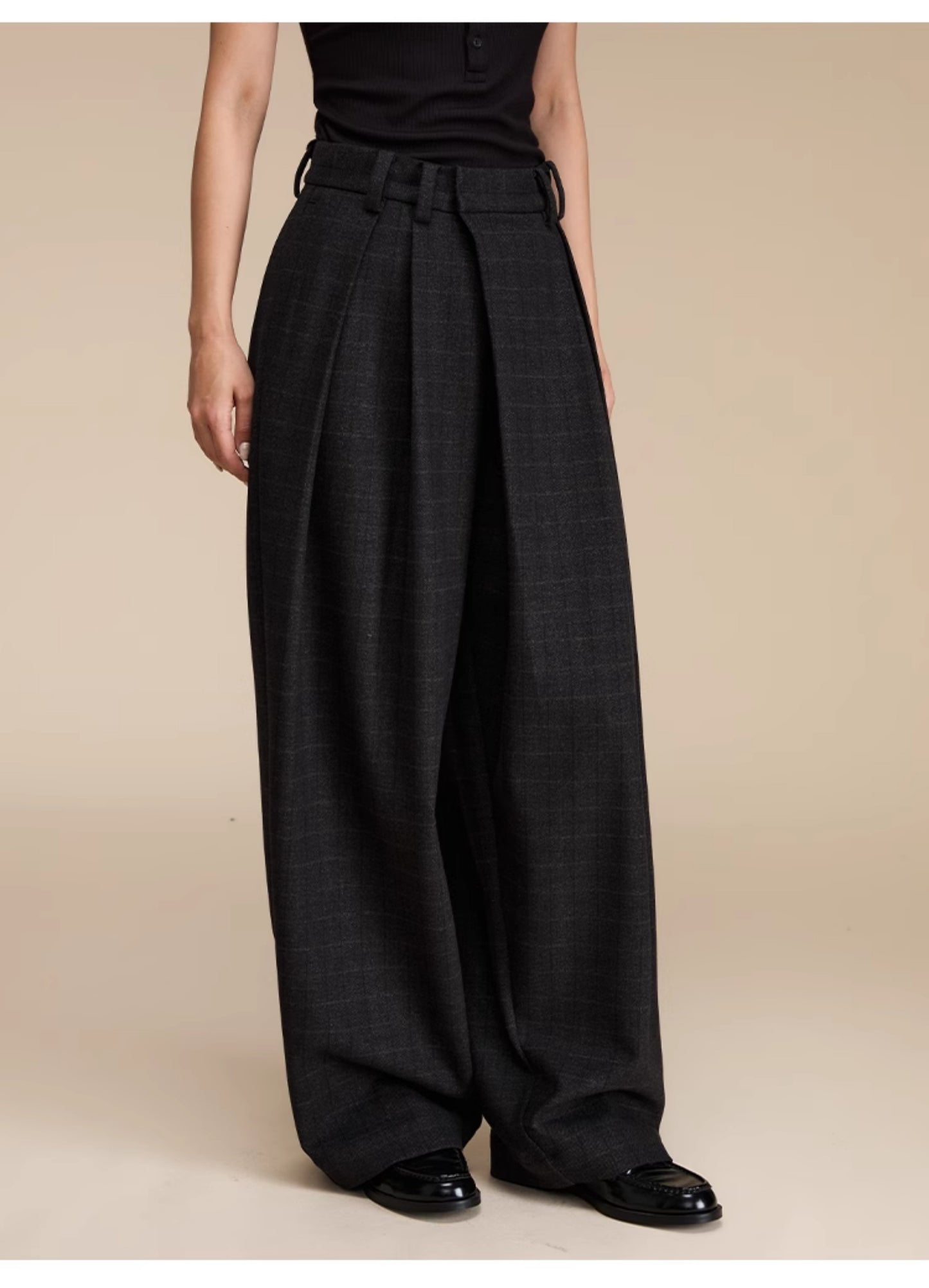 Retro Check Pattern Wide Leg Casual Pants