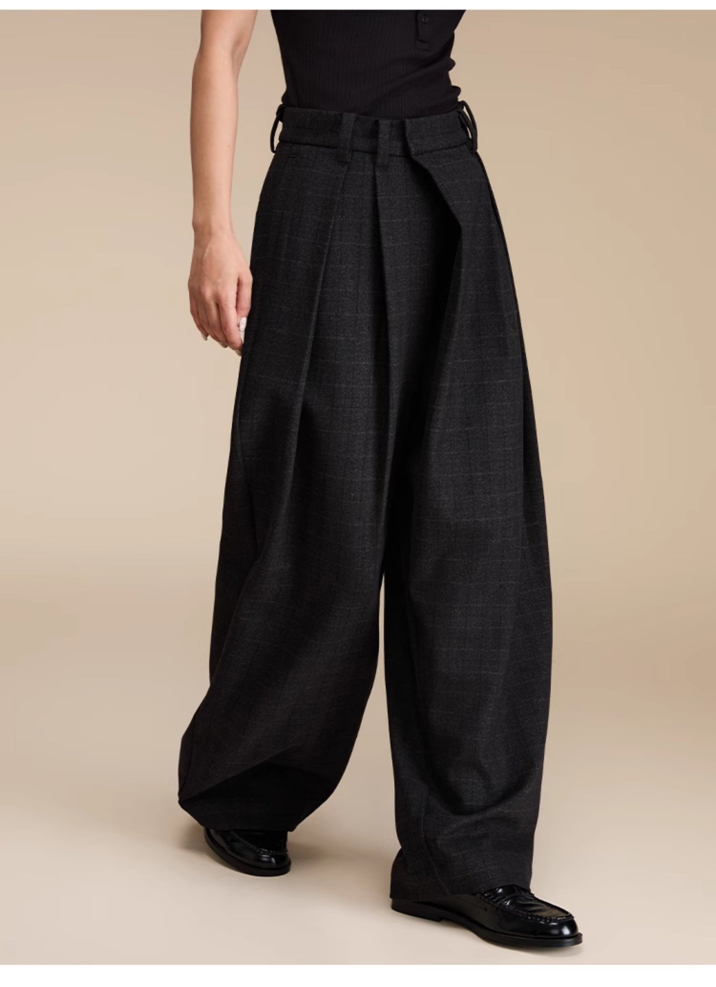 Retro Check Pattern Wide Leg Casual Pants