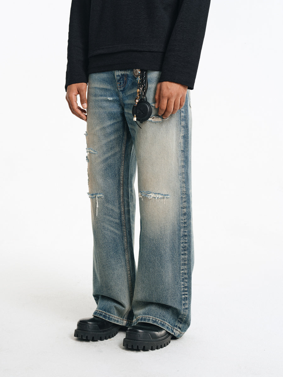 Hand Stitched Ripped Slim Straight Jeans
