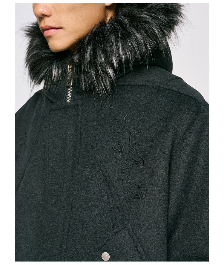 Wool jacket with fur hood