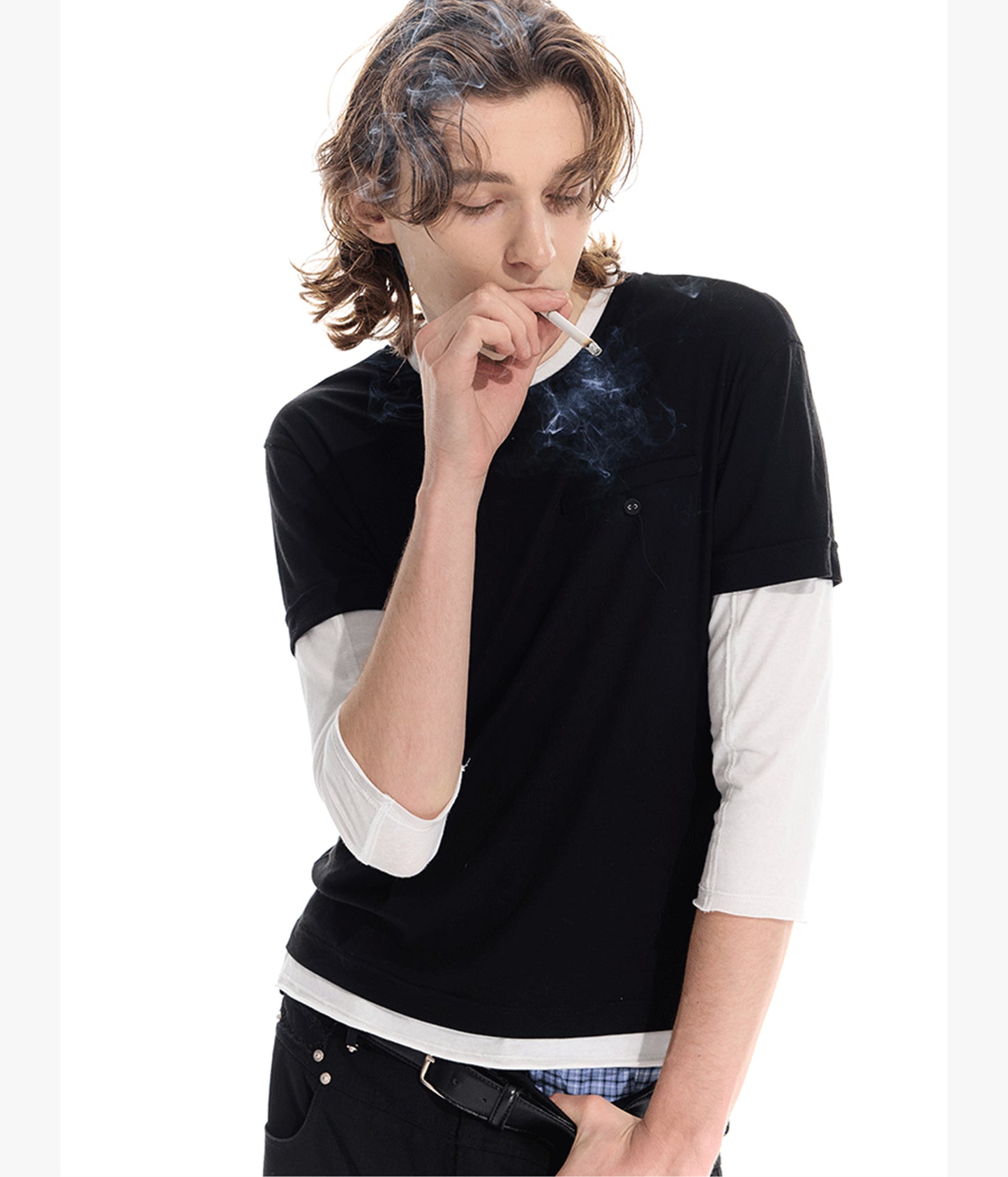 Color matching faux two-piece T-shirt