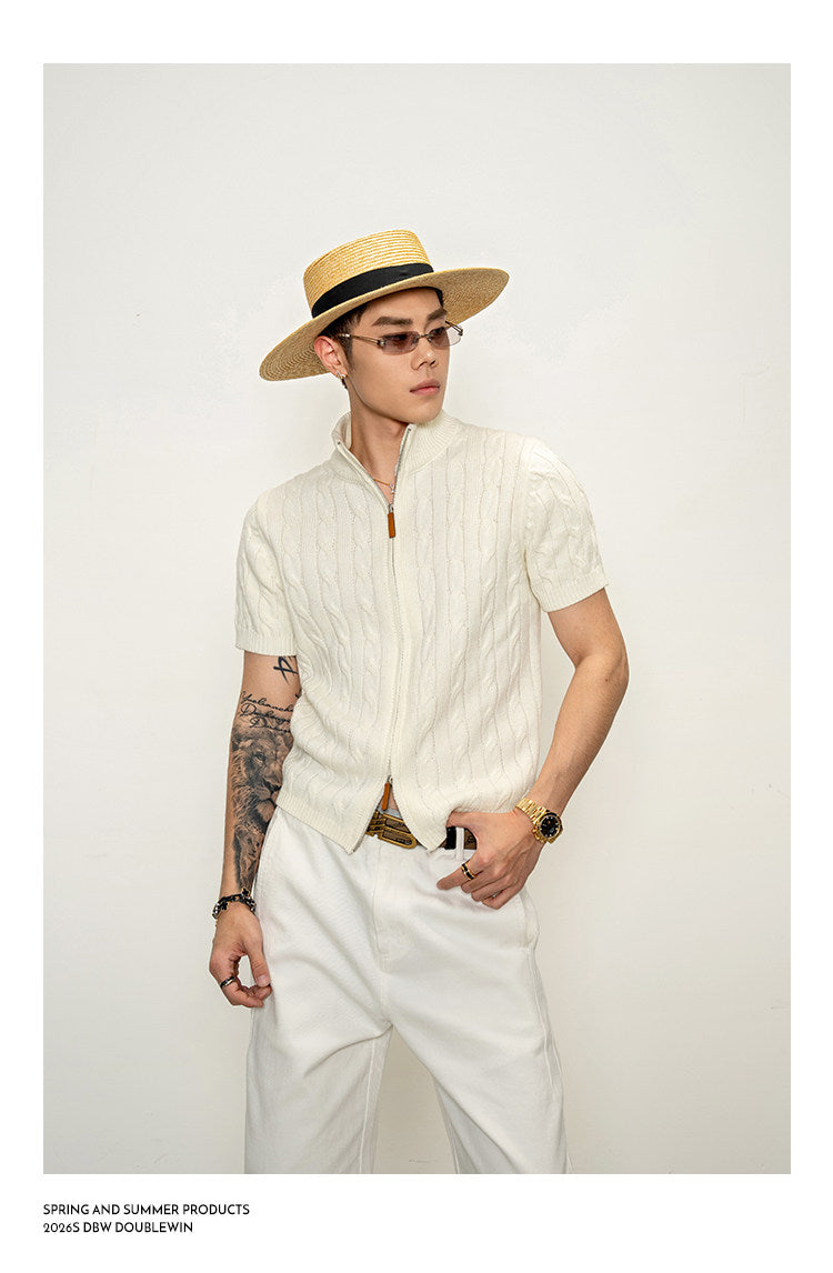 High-neck cable-knit shirt