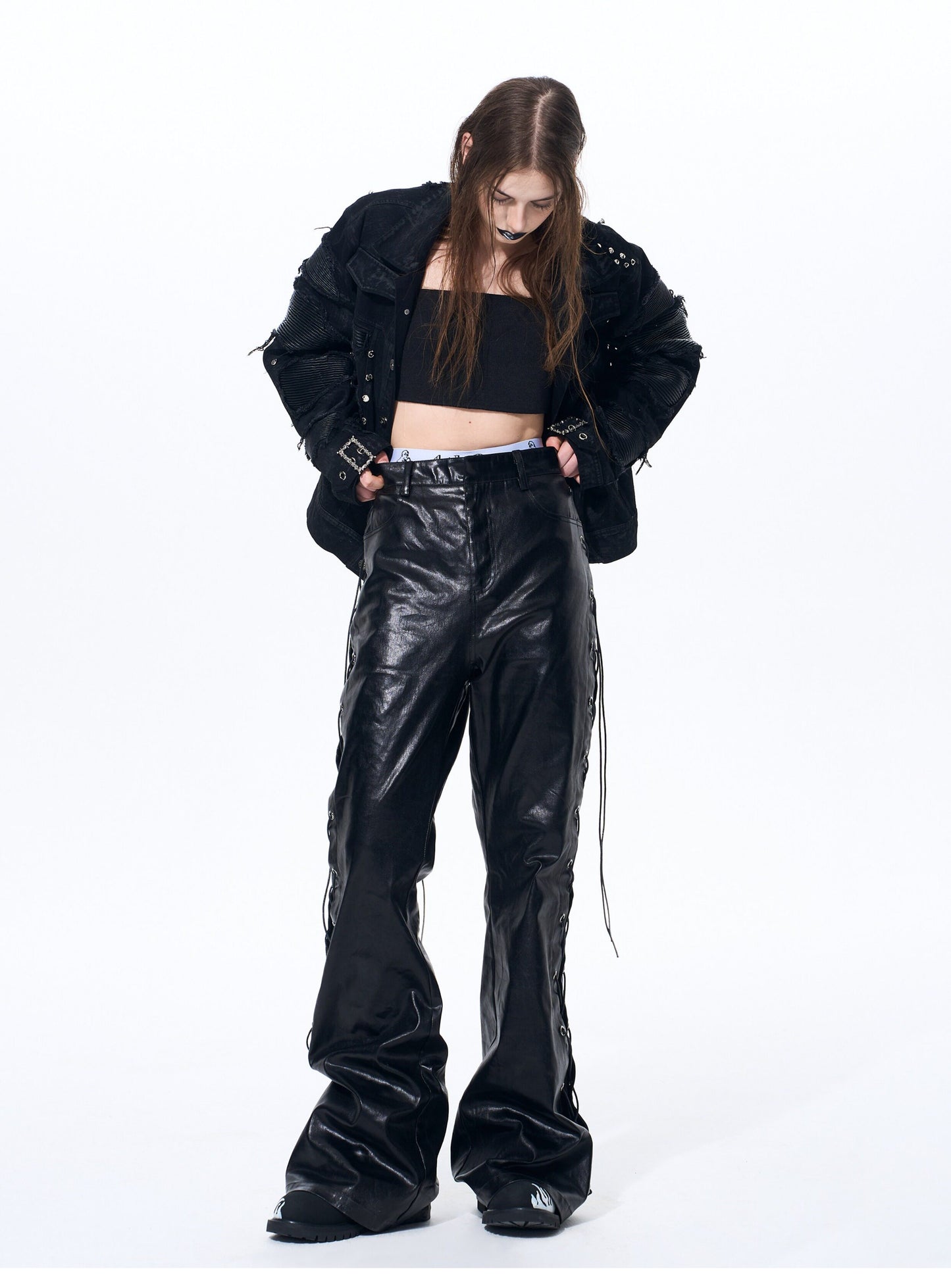 Metallic-Coated Drawstring Jeans