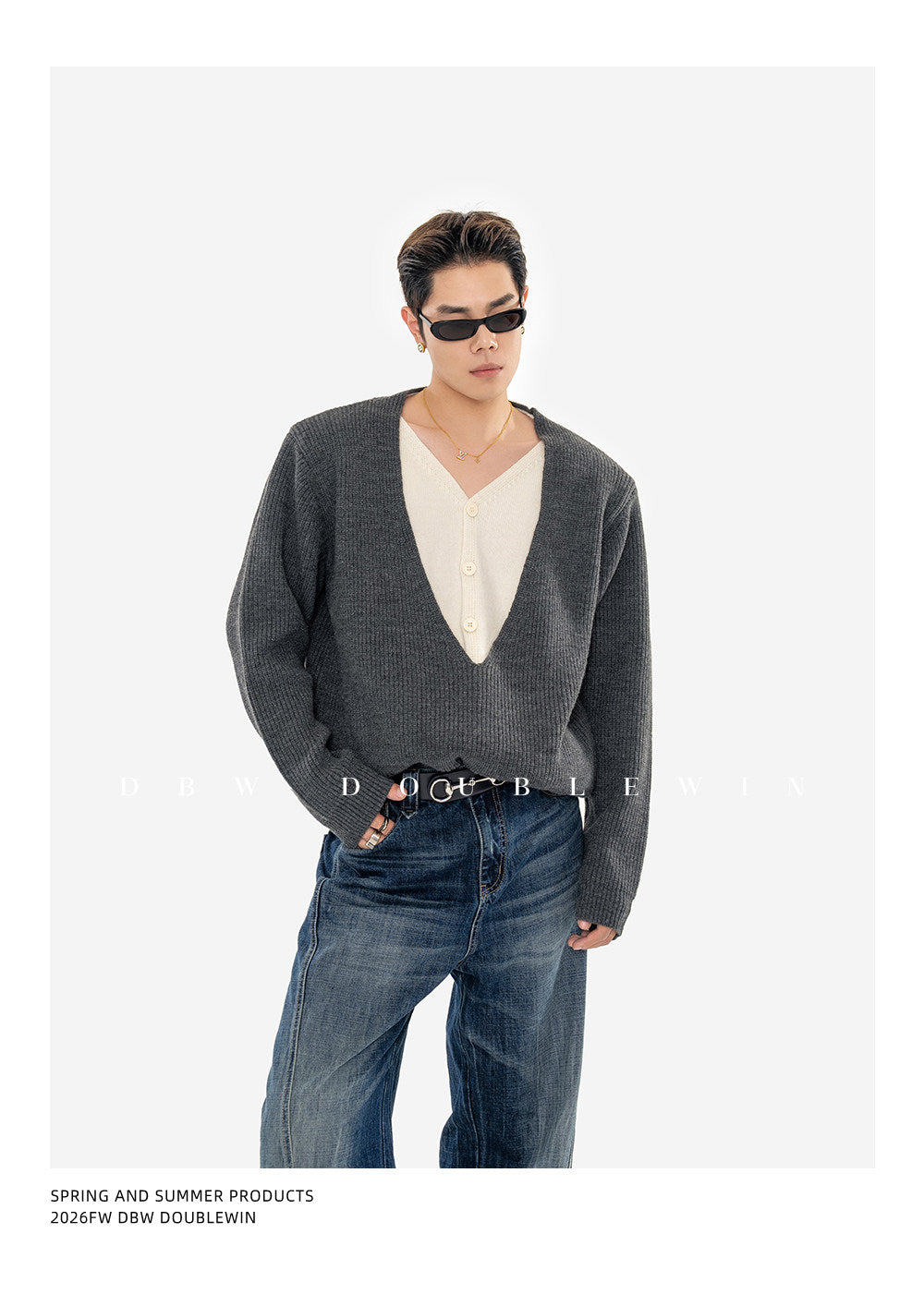 Faux Two-Piece V-Neck Knit Sweater with Shoulder Pads