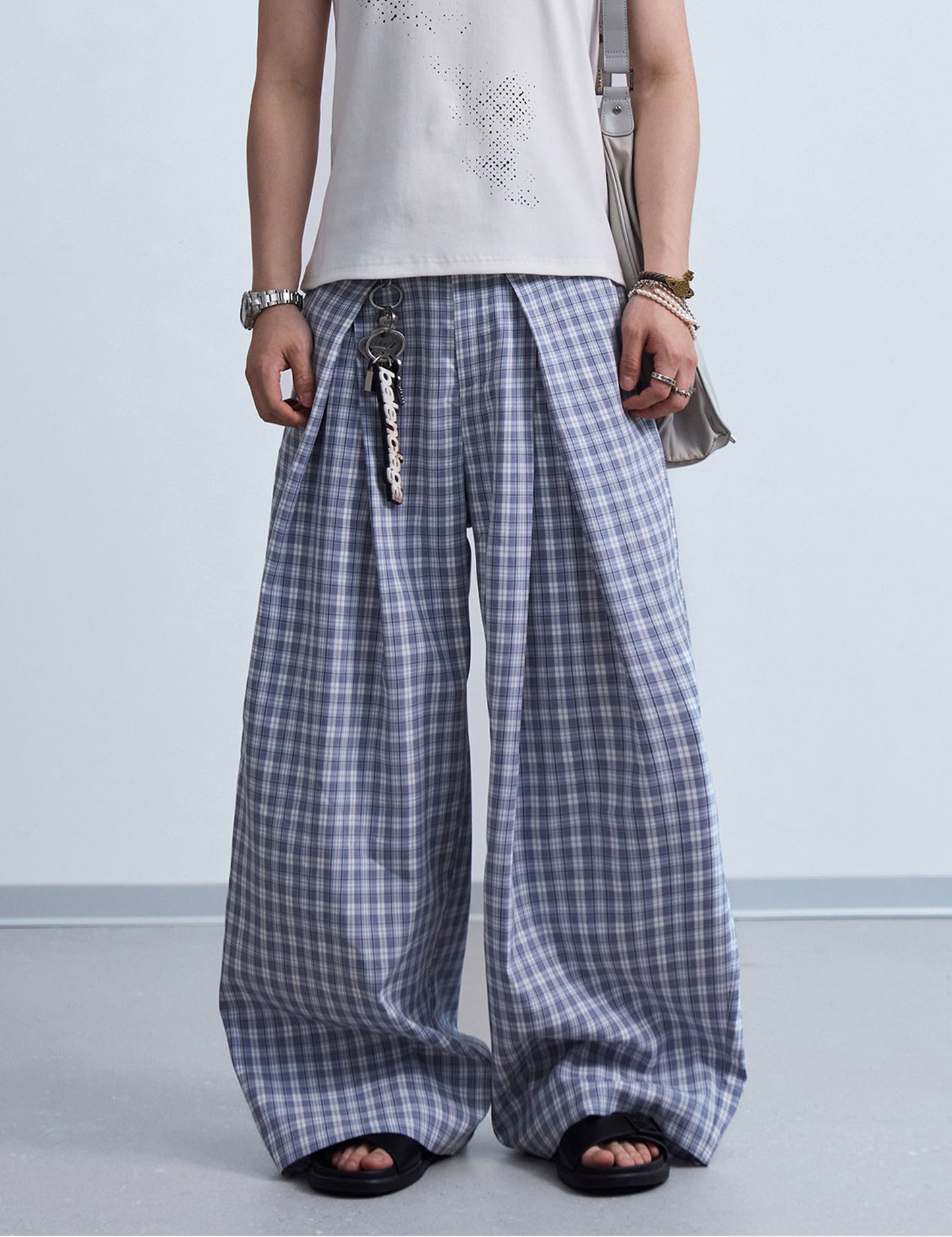 Checked wide-leg casual pants