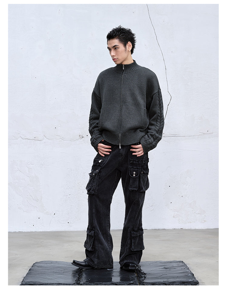 Multi-pocket loose straight wide pants