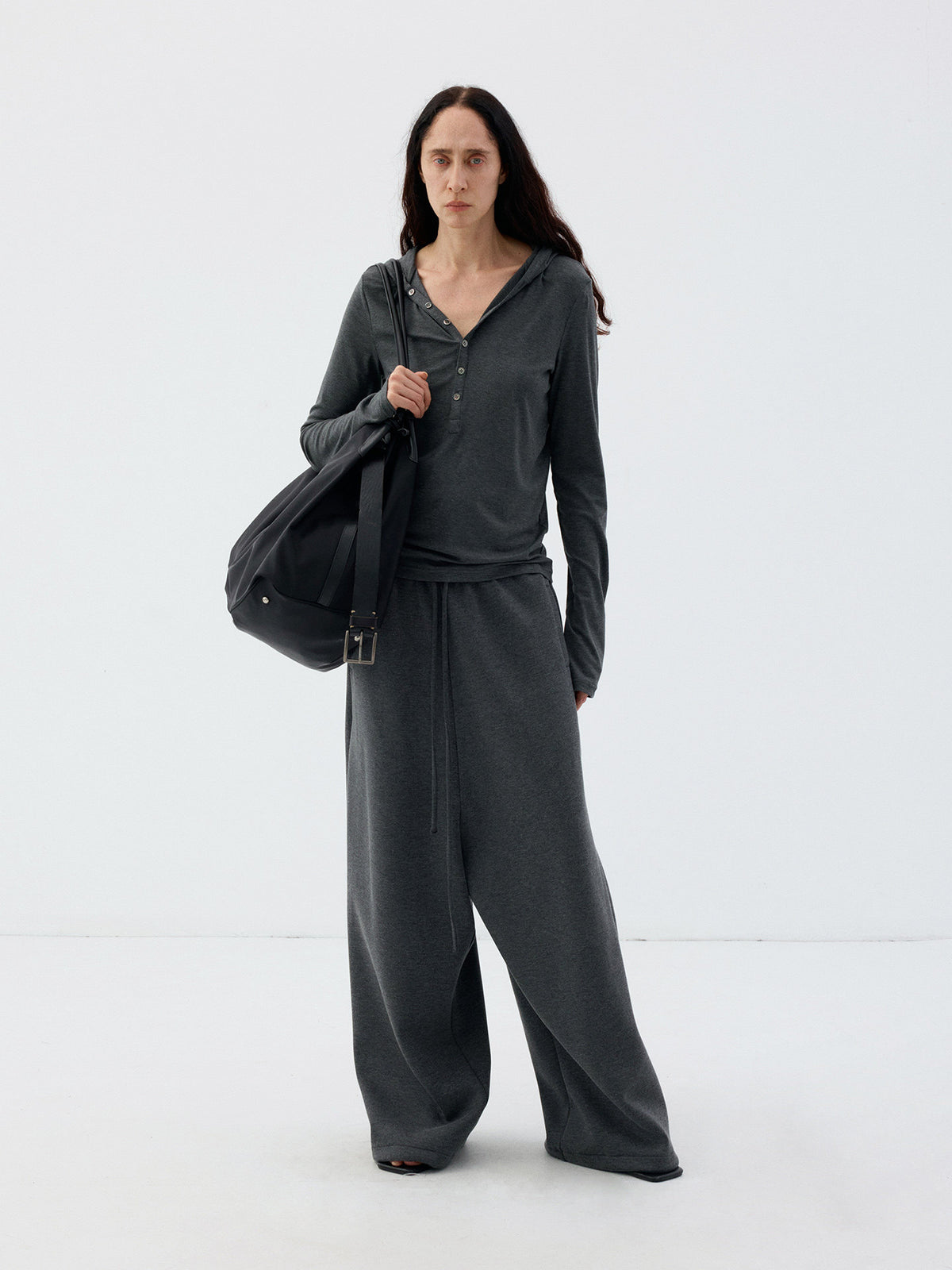 Henry-Collar T-Shirt with Half-Button Hood