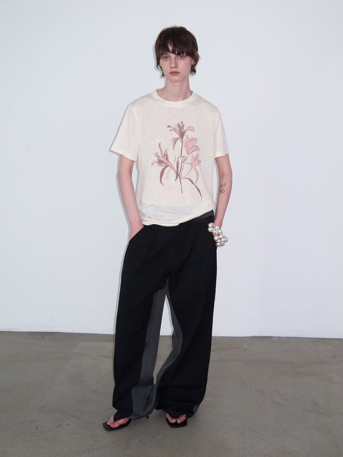 Hand-Painted Floral Print, Slightly Sheer T-Shirt