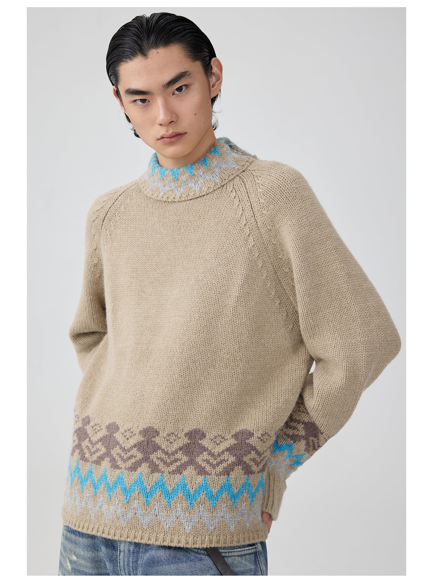 Ethnic Pattern Side Zip Turtleneck Sweater