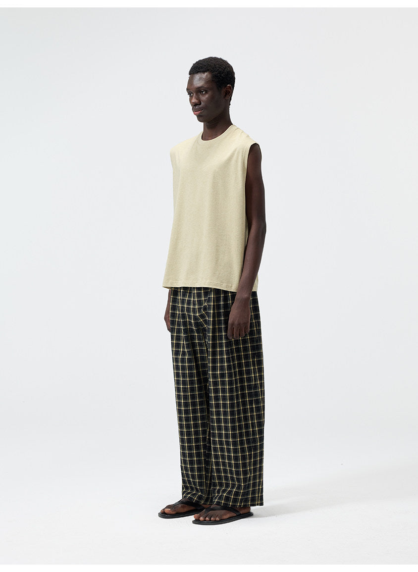 Yarn-Dyed Chiffon Check-Patterned Casual Pants