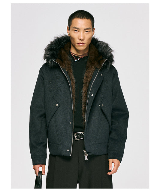 Wool jacket with fur hood